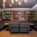 conference table with seating and a bookshelve with books