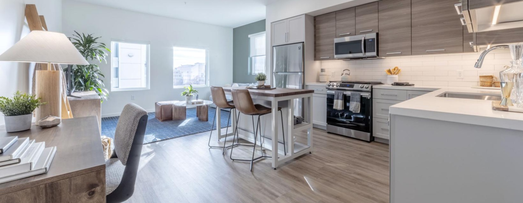 a kitchen with a wood floor