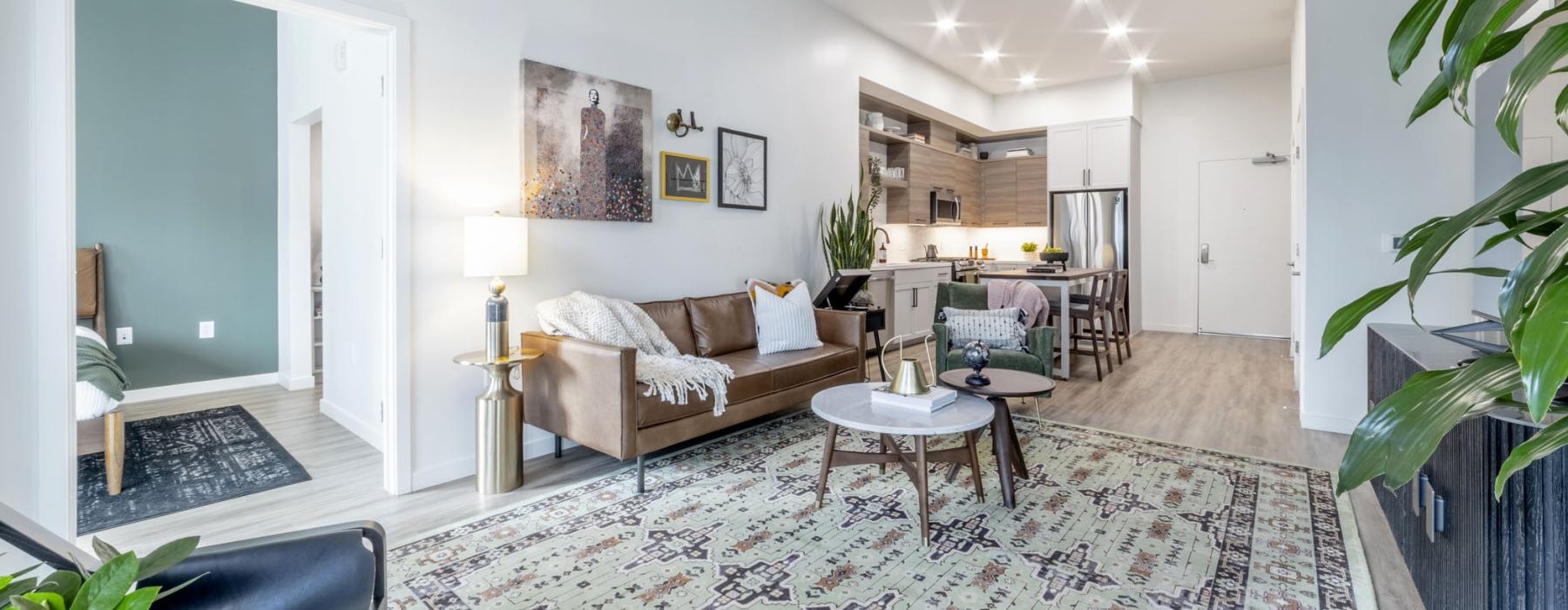 a living room with a couch and a table